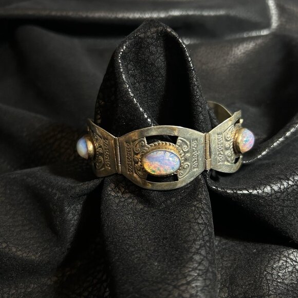VTG Hecho En Mexico Sterling 925 Glass Opal Cabochon Panel Link Bracelet Sz 7” - Picture 1 of 8